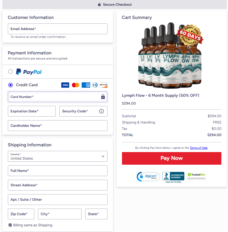 Lymph Flow checkout page